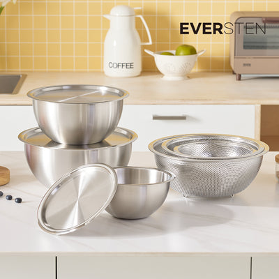 EVER STEN Mixing Bowl Full Set with Strainers (3 Stainless Bowls + 3 Strainers + 3 Lids)_ Korea Direct Delivery E