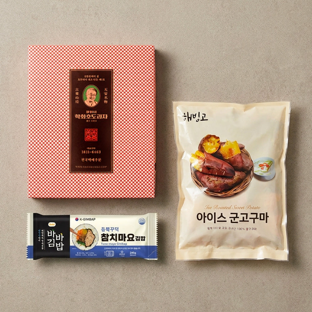 [Hakhwa] Walnut Cake with Red Bean Paste 600g + Tuna Mayo Kimbap 240g x 3 + Frozen Roasted Sweet Potato (Set)