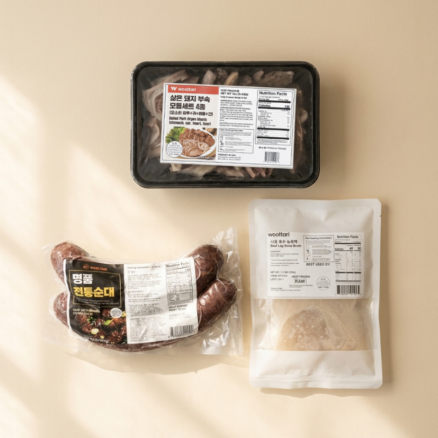[순대국세트] 사골 육수 농축액 1.1lb x 2팩 + 전통순대 1lb + 삶은 돼지 부속모듬 7oz (묶음)_ 타임딜